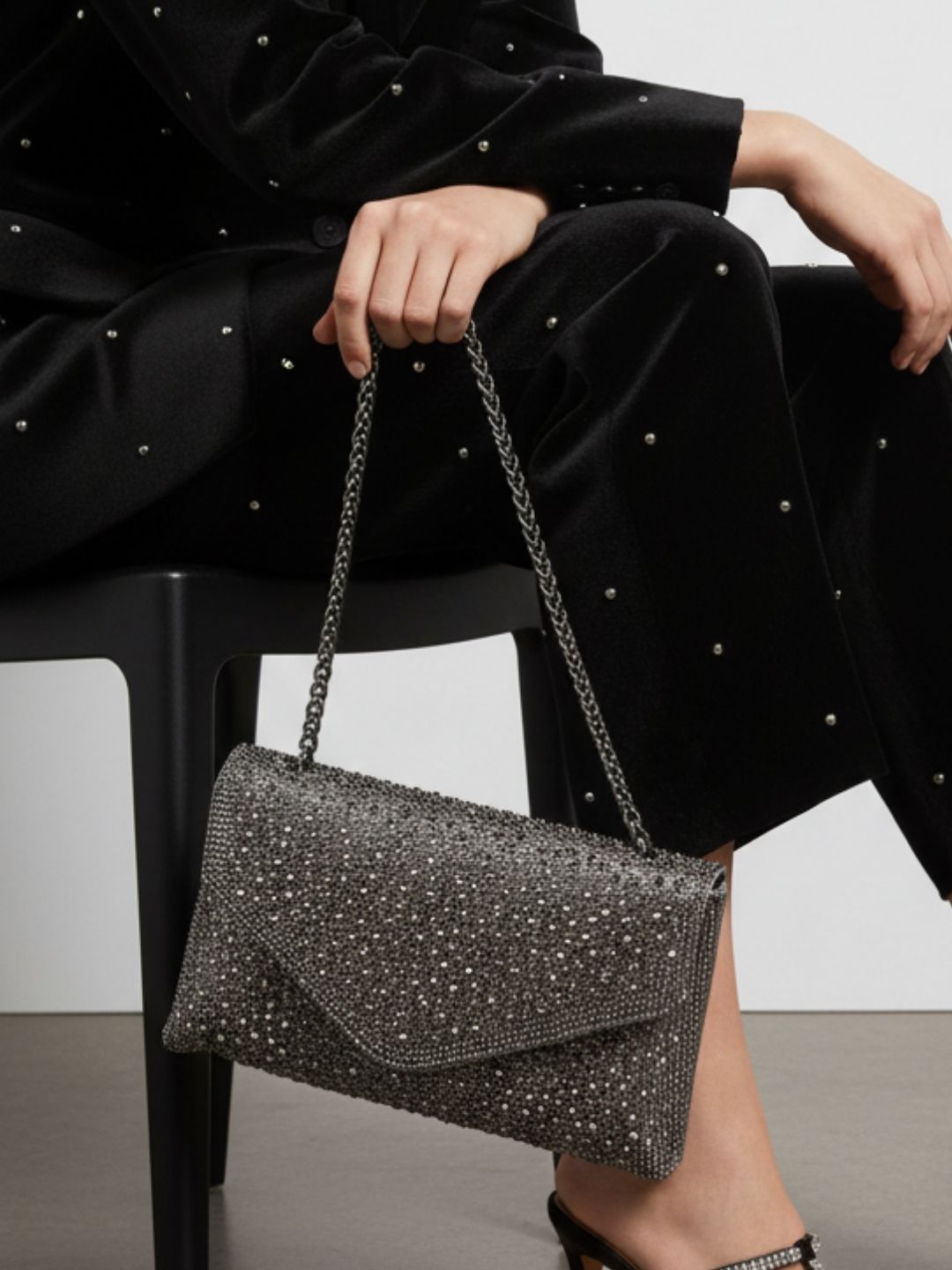 Women Pewter Embellished Clutch Bag With Magnet Lock