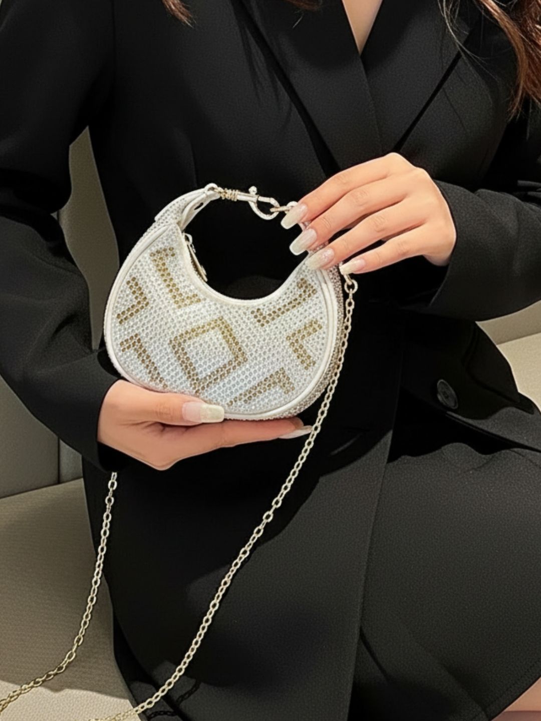 Women Gold Embellished Sling Bag With Zip Lock For Party