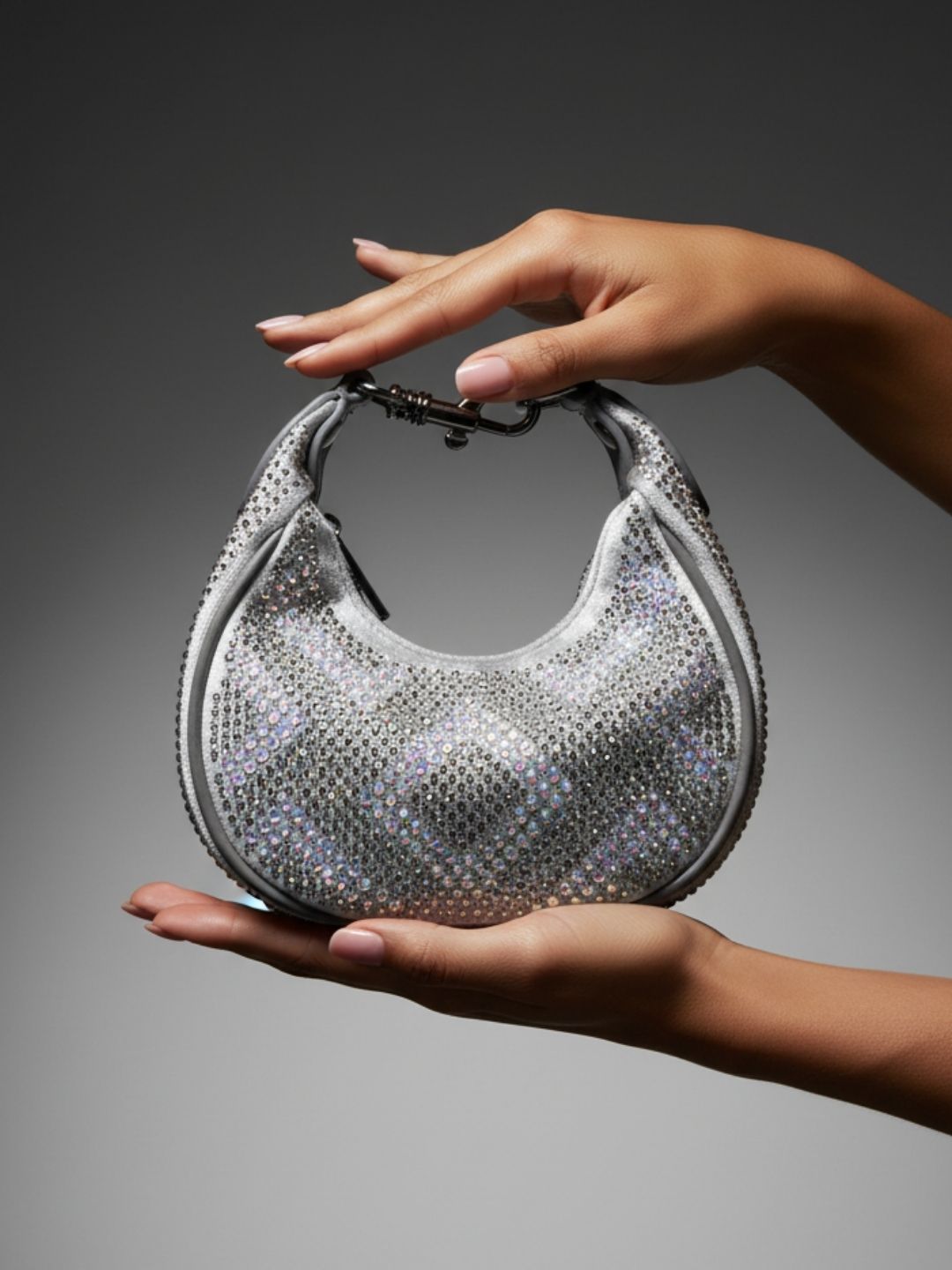 Women Pewter Embellished Sling Bag With Zip Lock For Party