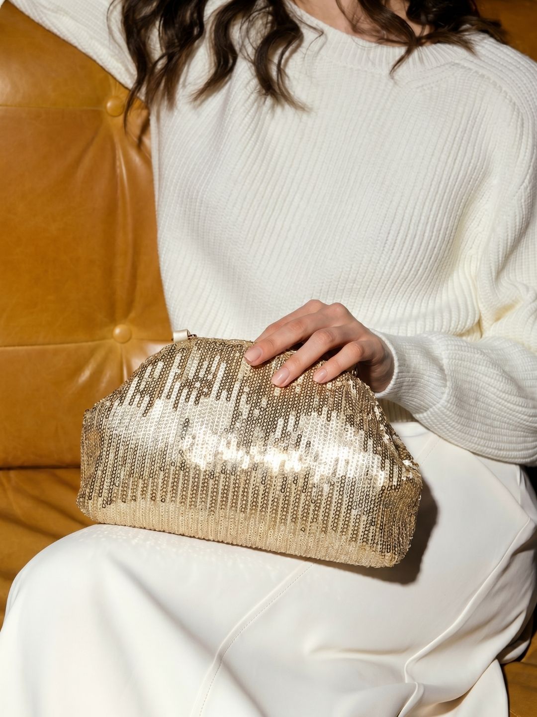 Women Gold Embellished Clutch Bag With Magnet Lock For Party