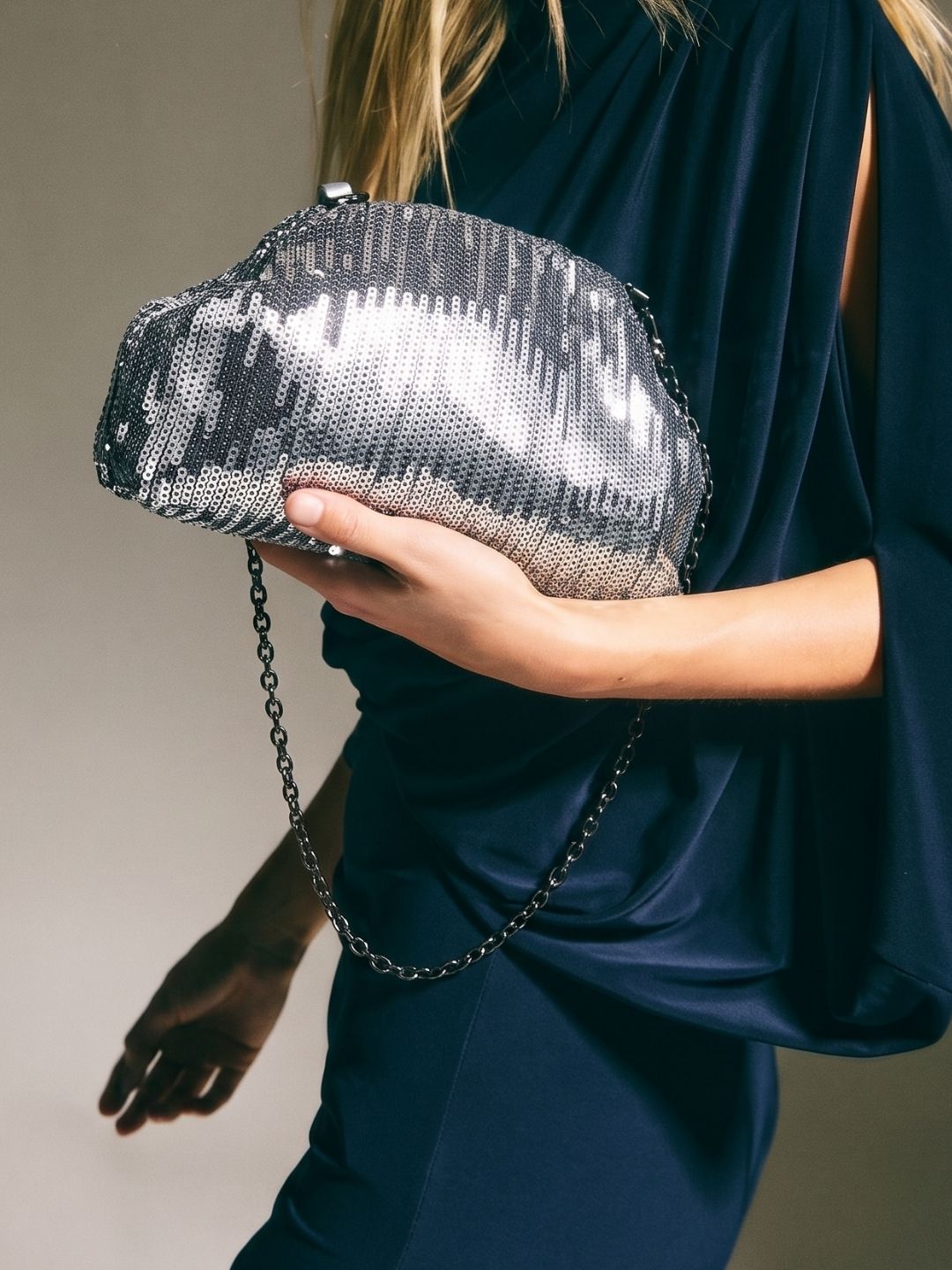 Women Grey Embellished Clutch Bag With Magnet Lock