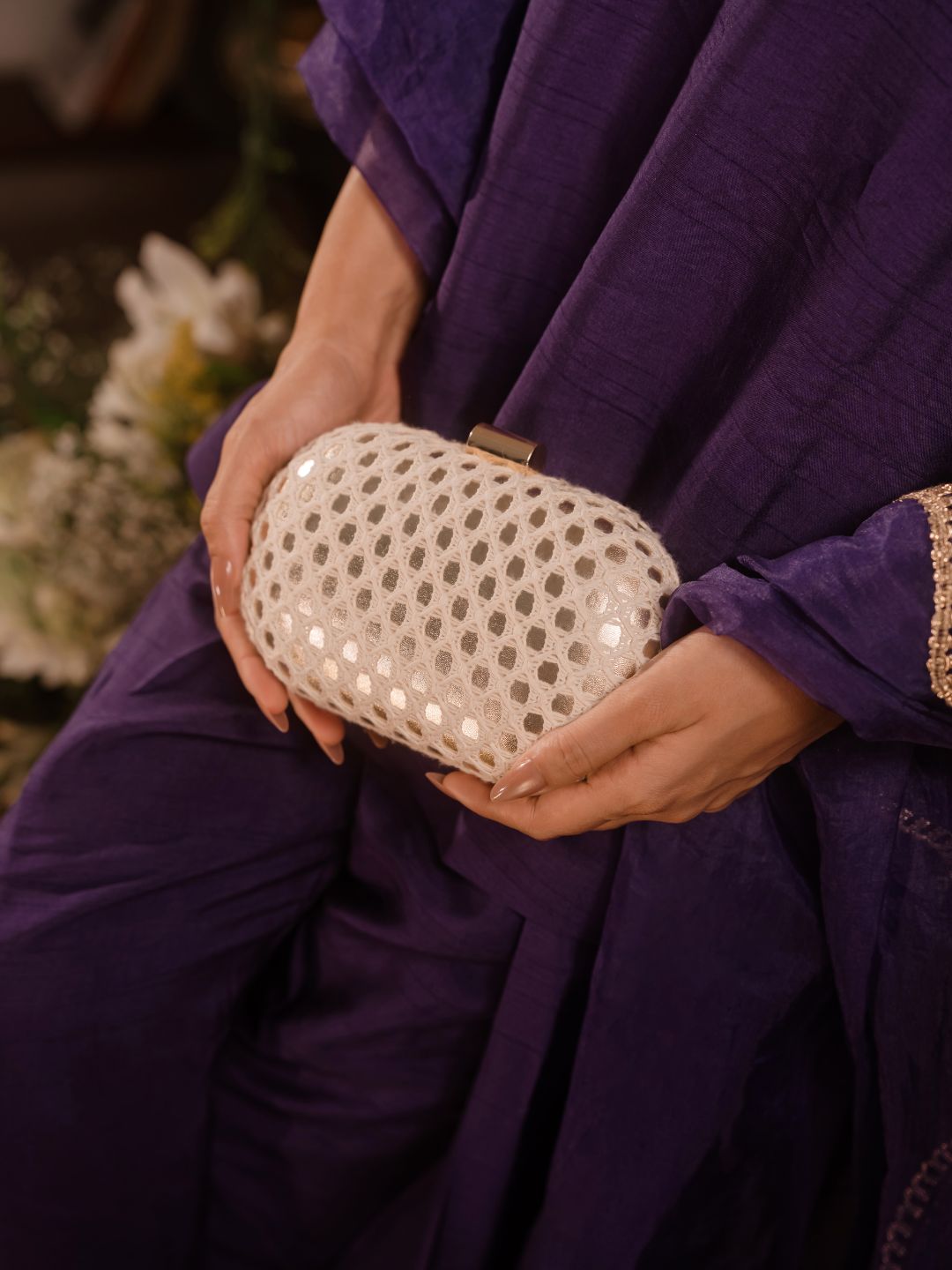 Women Golden Embellished Clutch Bag With Push Lock For Party