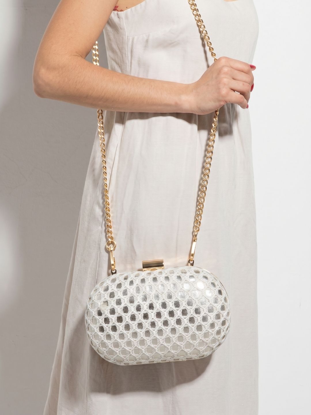 Women Golden Embellished Clutch Bag With Push Lock For Party
