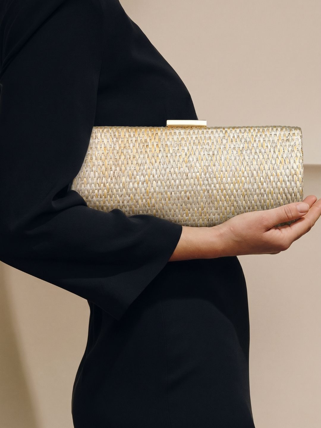 Women Gold Embellished Clutch Bag With Push Lock For Party