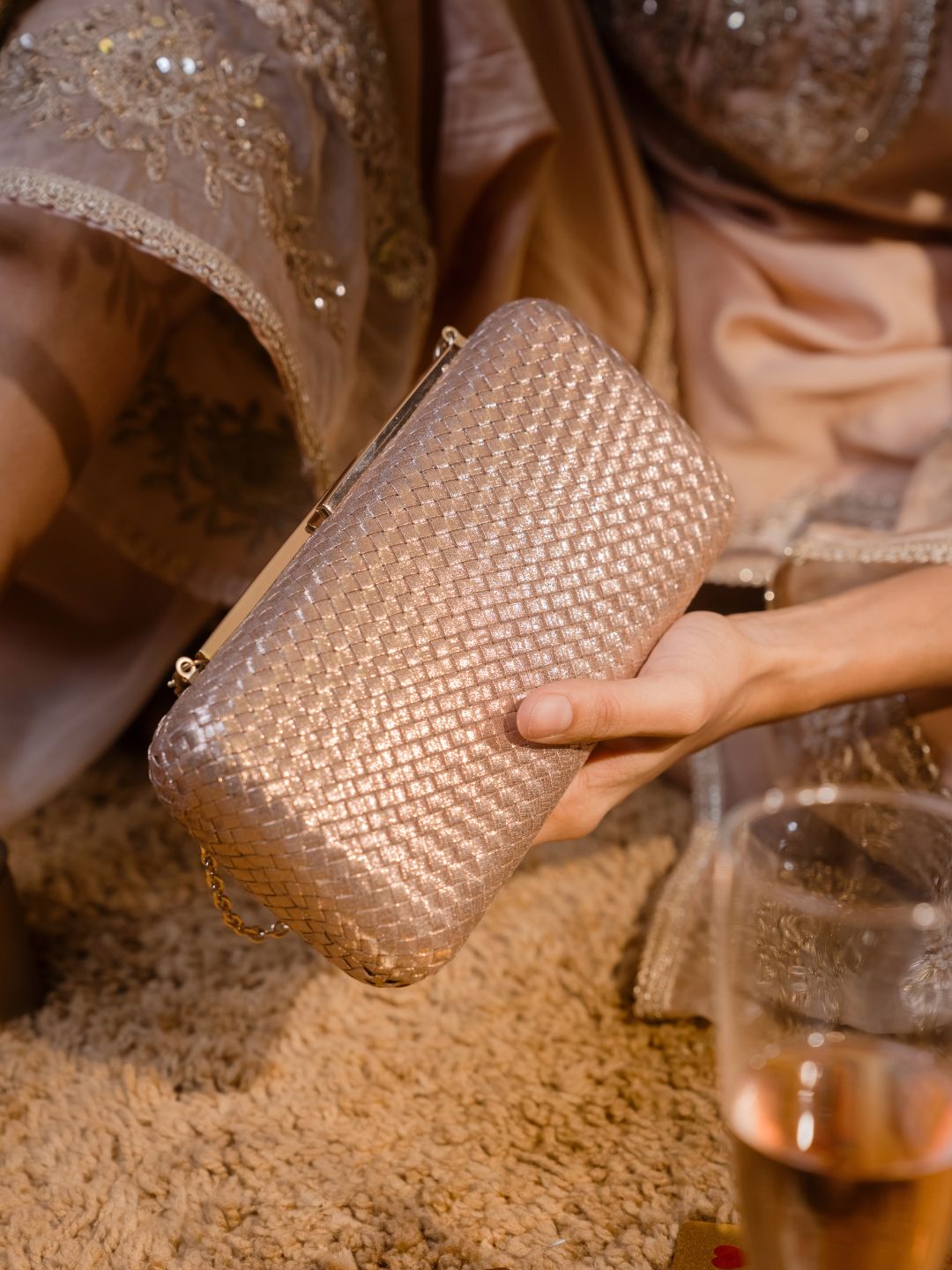 Women Rose Gold Embellished Clutch Bag With Magnet Lock For Party