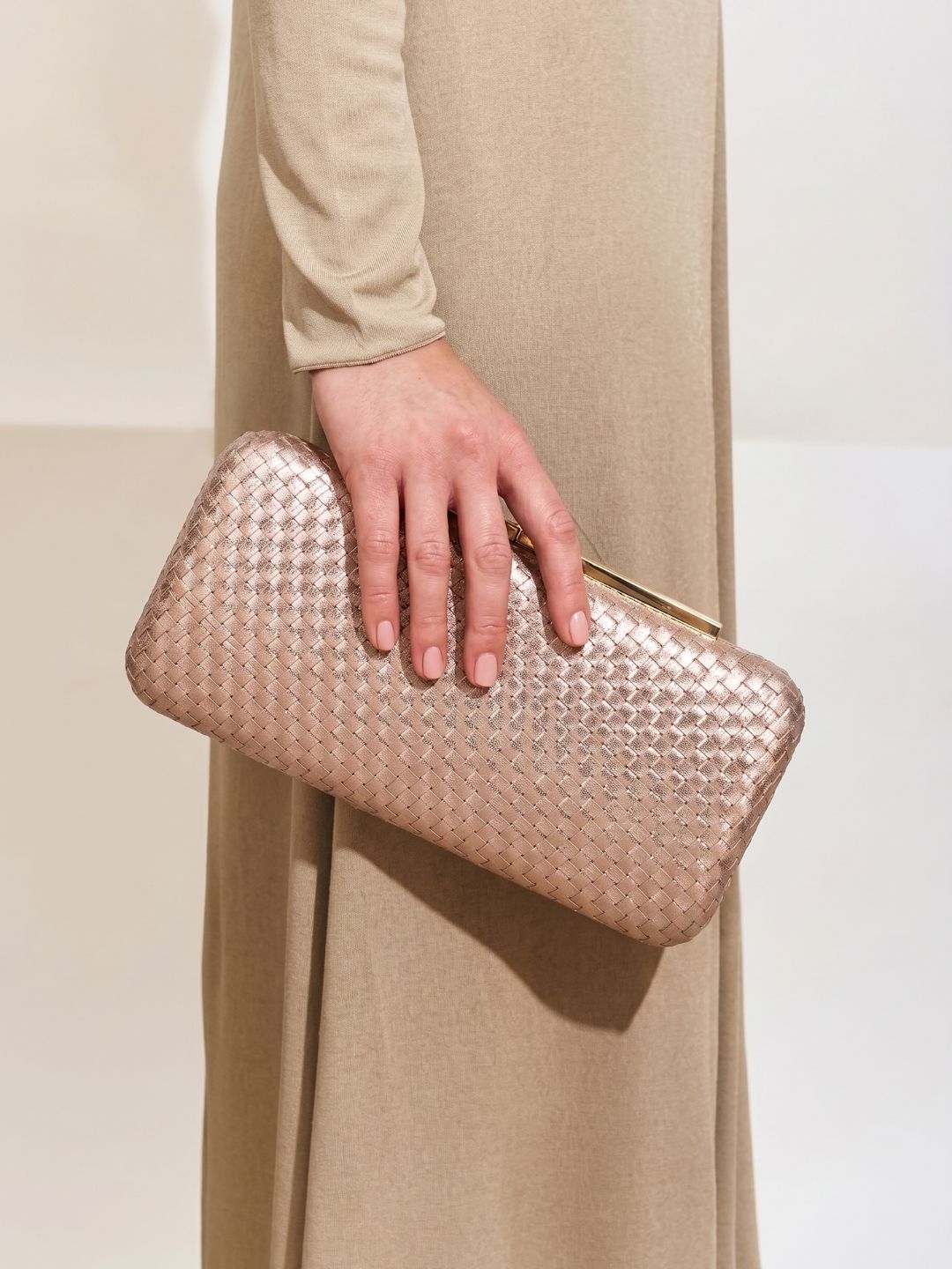 Women Rose Gold Embellished Clutch Bag With Magnet Lock For Party