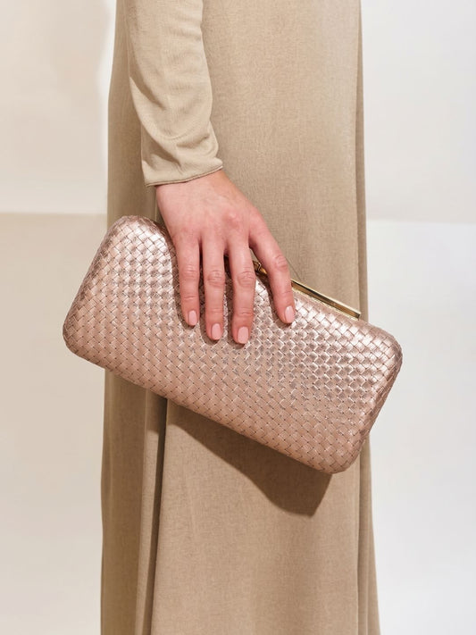 Women Rose Gold Embellished Clutch Bag With Magnet Lock For Party