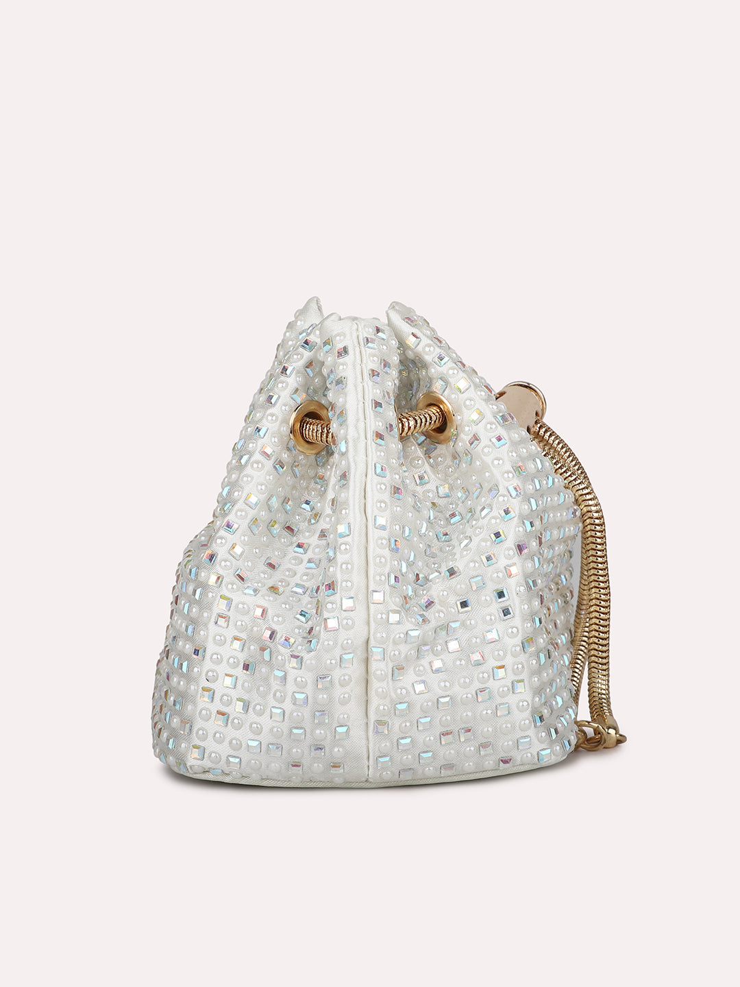Women White Embellished Potli Clutch with Sling