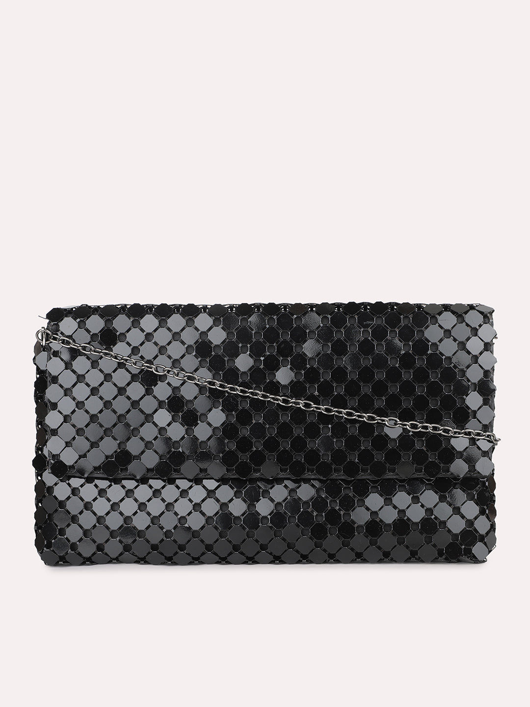 Women Black Dual Toned Embellished Foldover Clutch