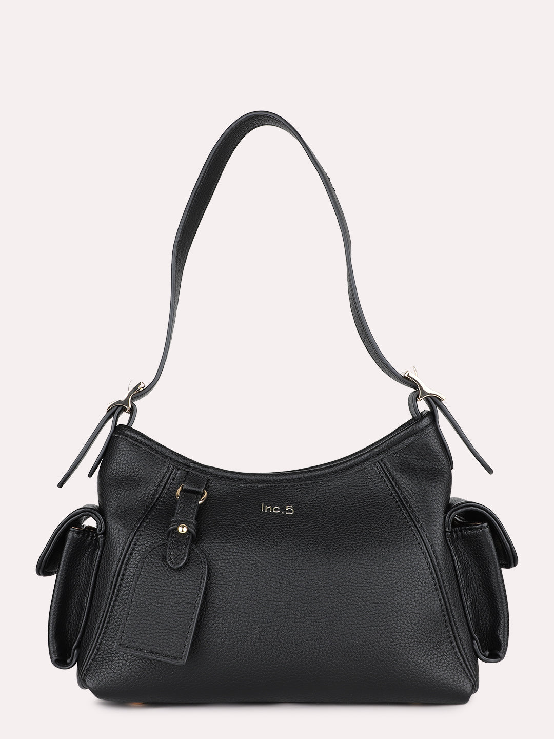 Womens Black Casual Textured Shoulder Bag With Zipper