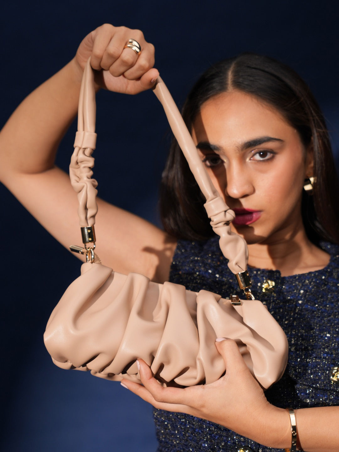 Womens Beige Party Textured Handbag With Zip Lock