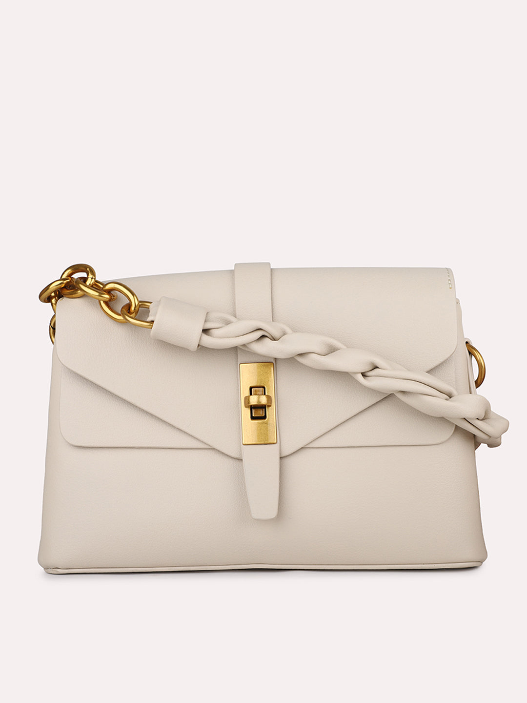 Women Beige Solid Structured Sling Bag with Front Lock Detail