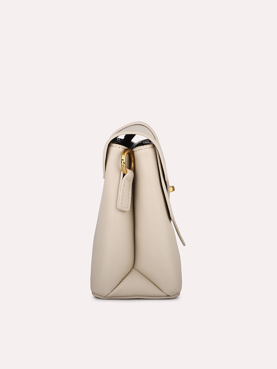 Women Beige Solid Structured Sling Bag with Front Lock Detail