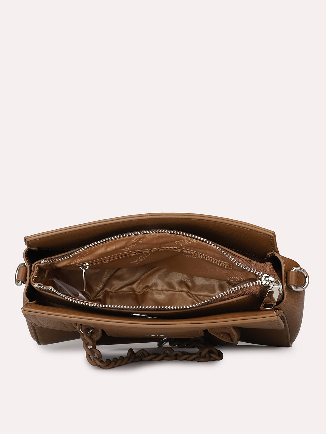 Women Brown Solid Handheld Bag with Detachable Strap and Chain Detailing