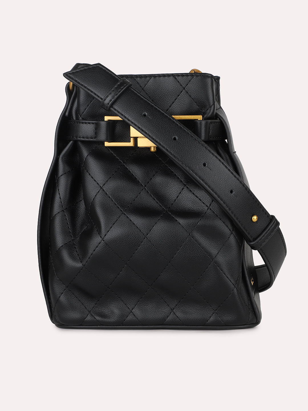 Women Black Textured Quilted Textured Potli With Buckle Detail