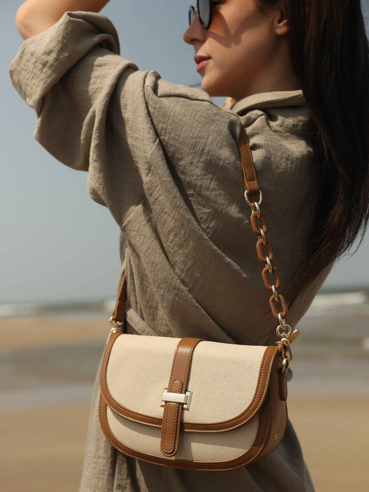 Women Tan Self Design Structured Sling Bag