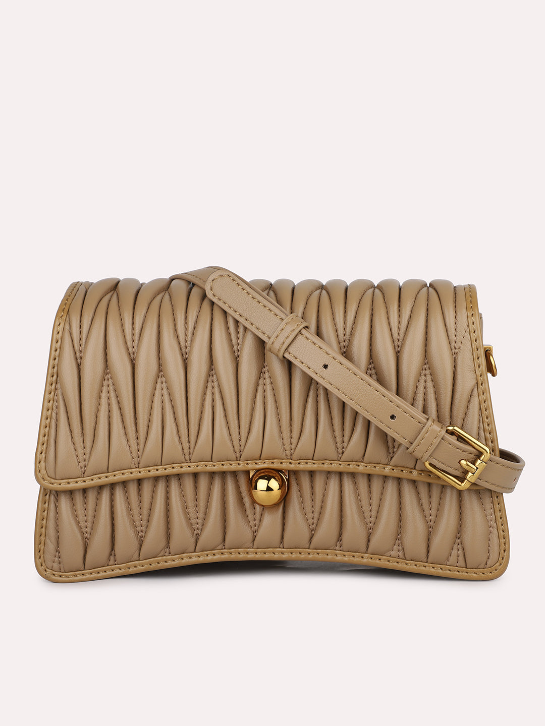 Women Camel Quilted Structured Sling Bag