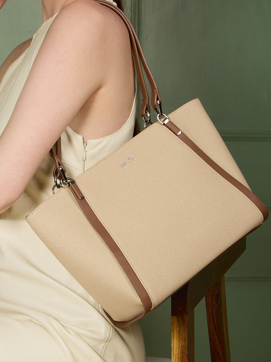 Womens Beige Casual Shoulder Bag With Zip Lock