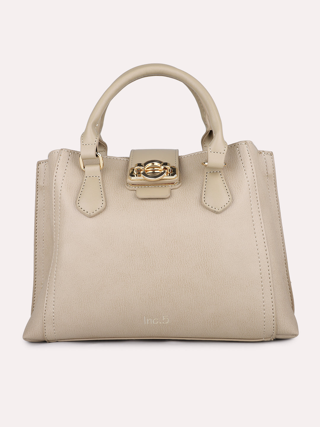 Womens Beige Textured Handbag With Twist Lock