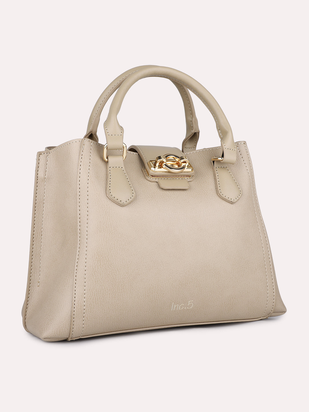 Womens Beige Textured Handbag With Twist Lock