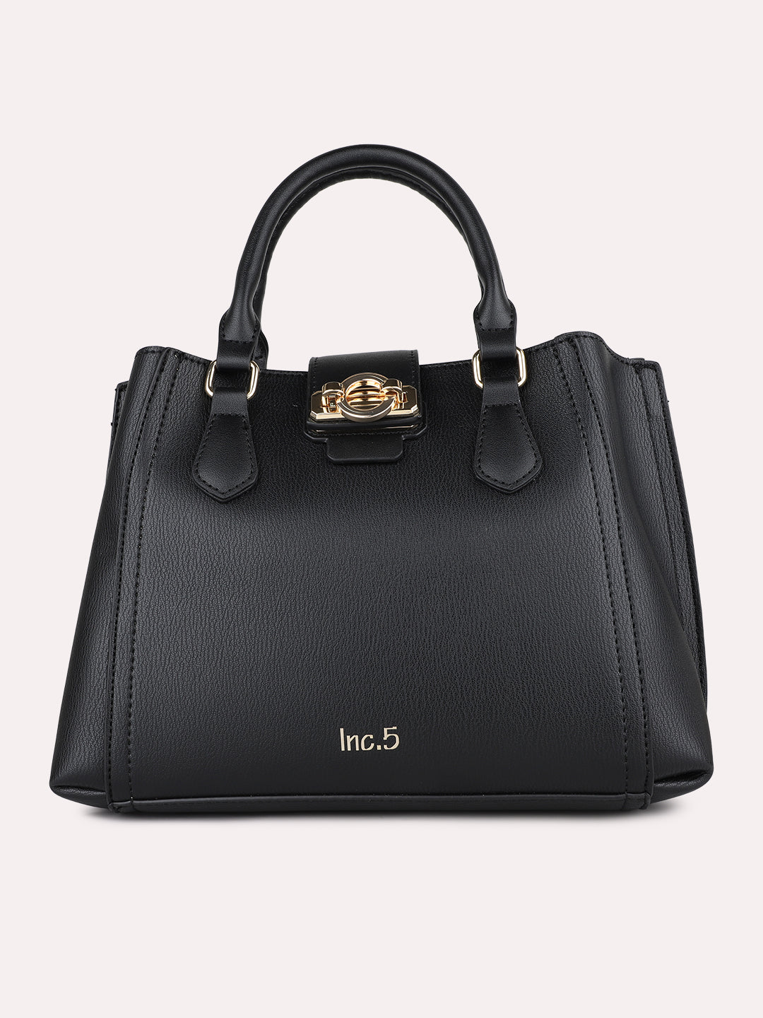 Womens Black Textured Handbag With Twist Lock