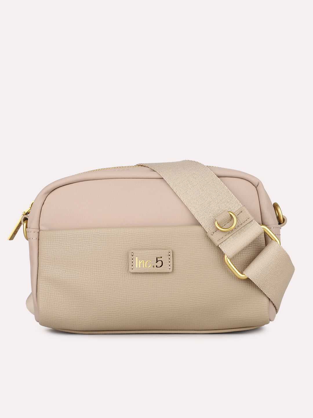 Womens Beige Textured Sling Bag With Zip Lock