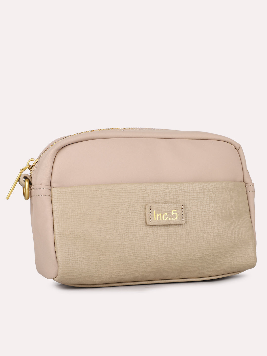 Womens Beige Textured Sling Bag With Zip Lock