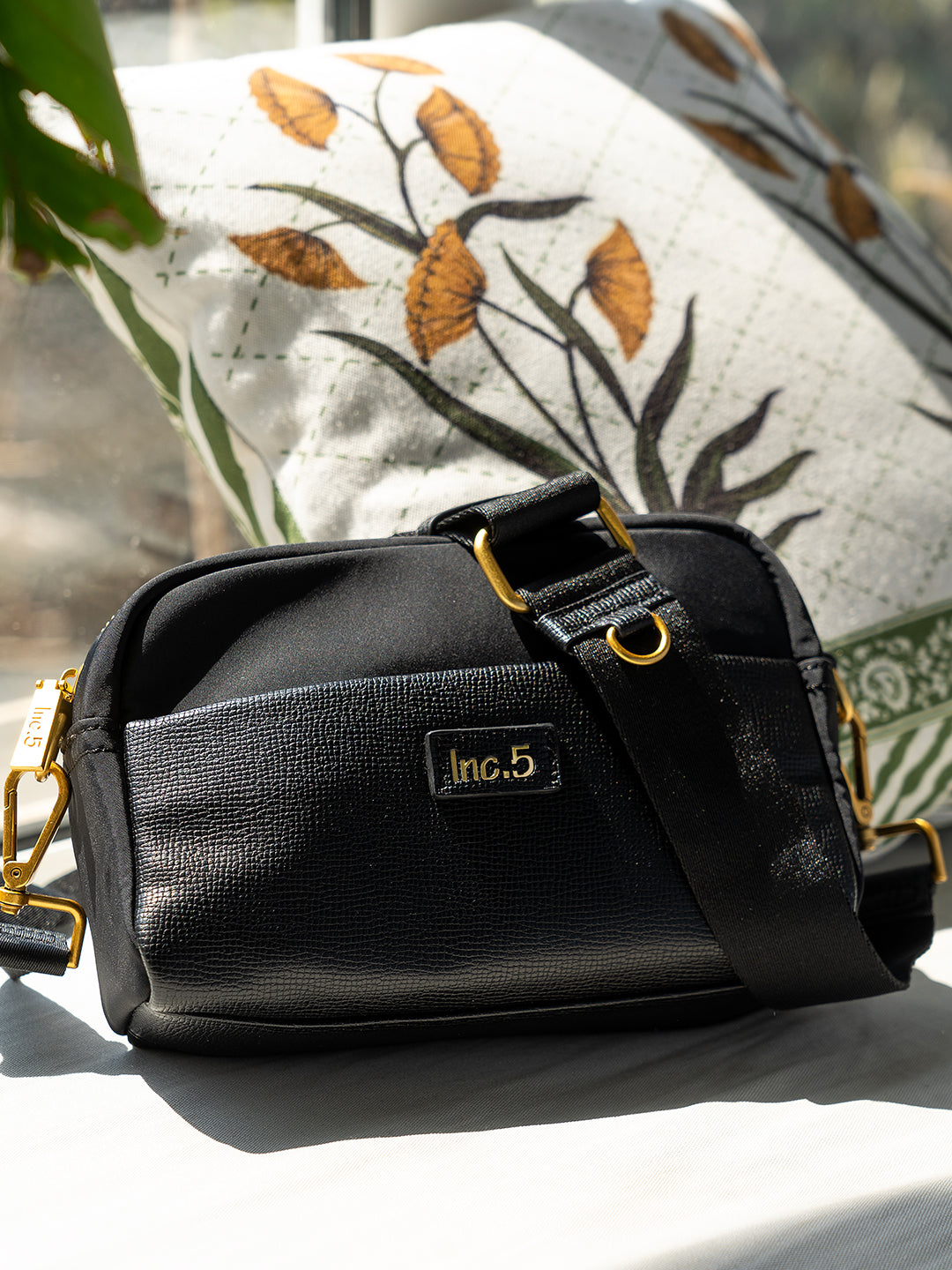 Womens Black Textured Sling Bag With Zip Lock