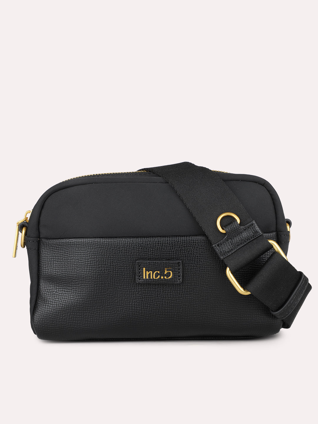 Womens Black Textured Sling Bag With Zip Lock