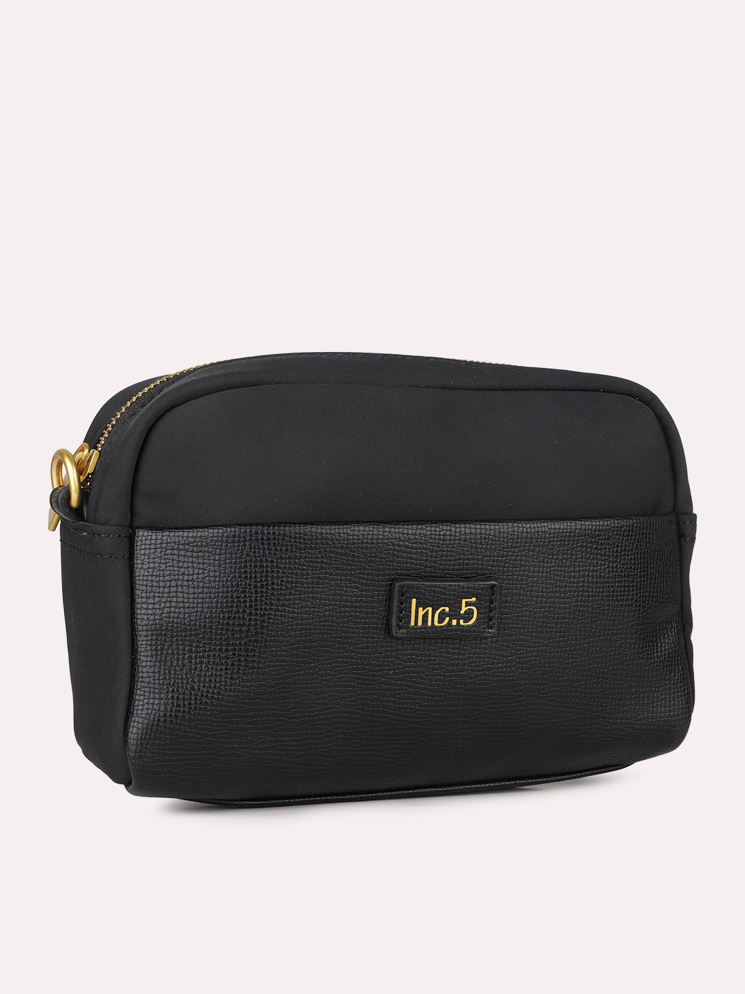 Womens Black Textured Sling Bag With Zip Lock