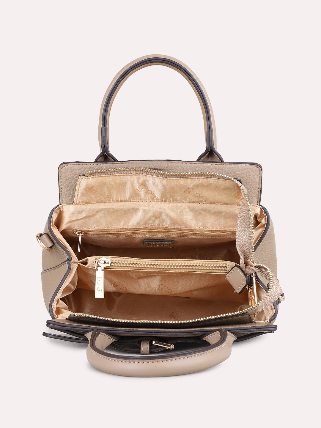 Womens Taupe Handbag With Zip Lock For Casual