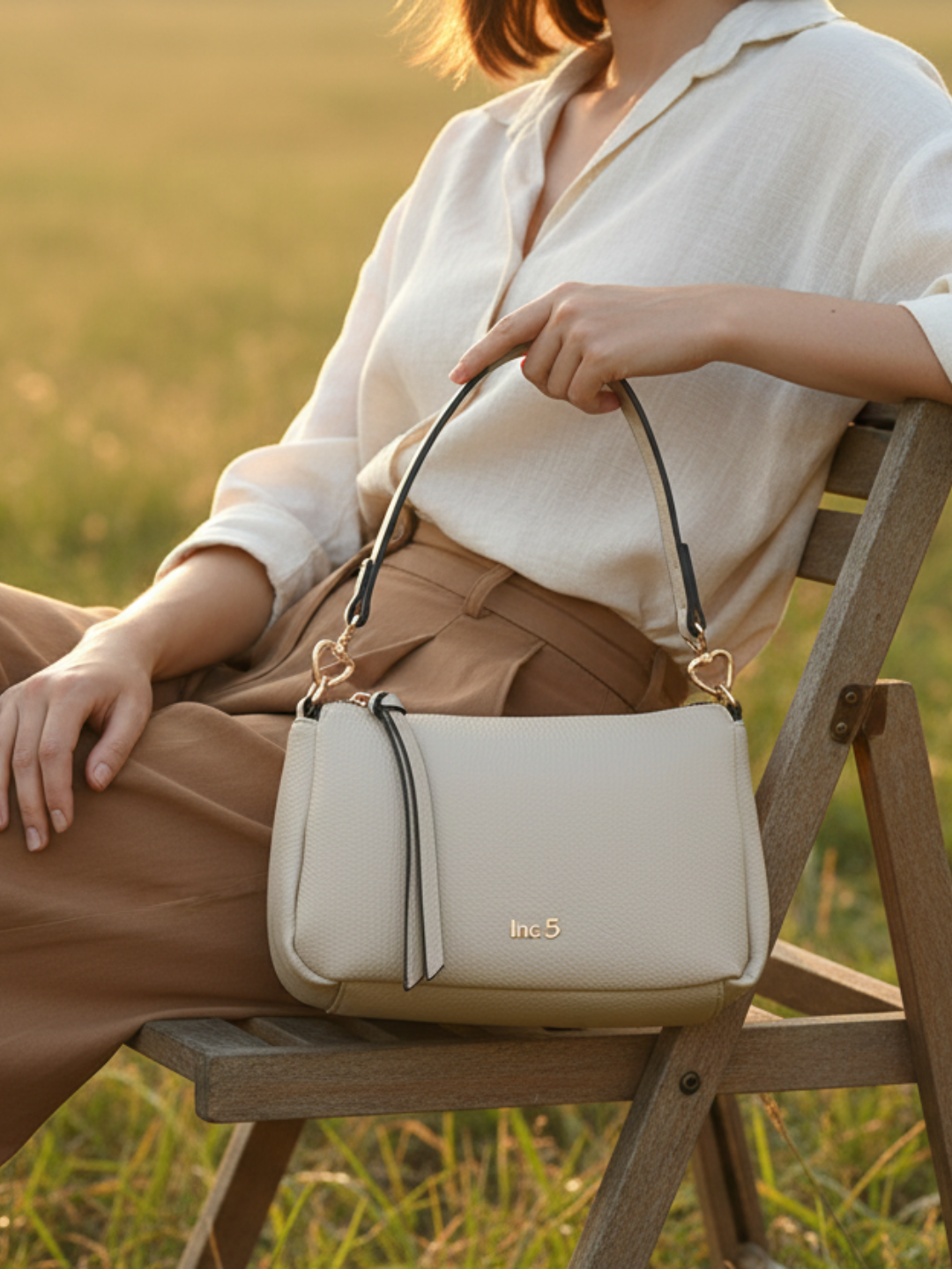 Womens Beige Shoulder Bag With Zip Lock For Casual