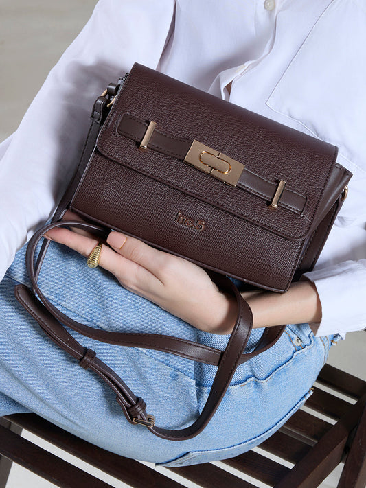 Womens Brown Sling Bag With Magnet Lock For Party Use