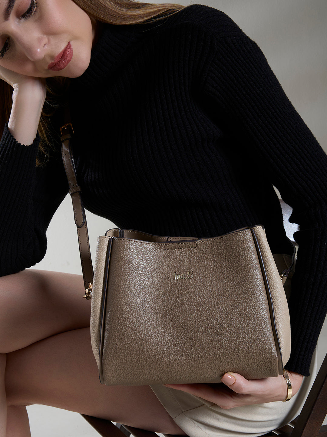 Womens Taupe Shoulder Bag With Zipper Lock For Party Use