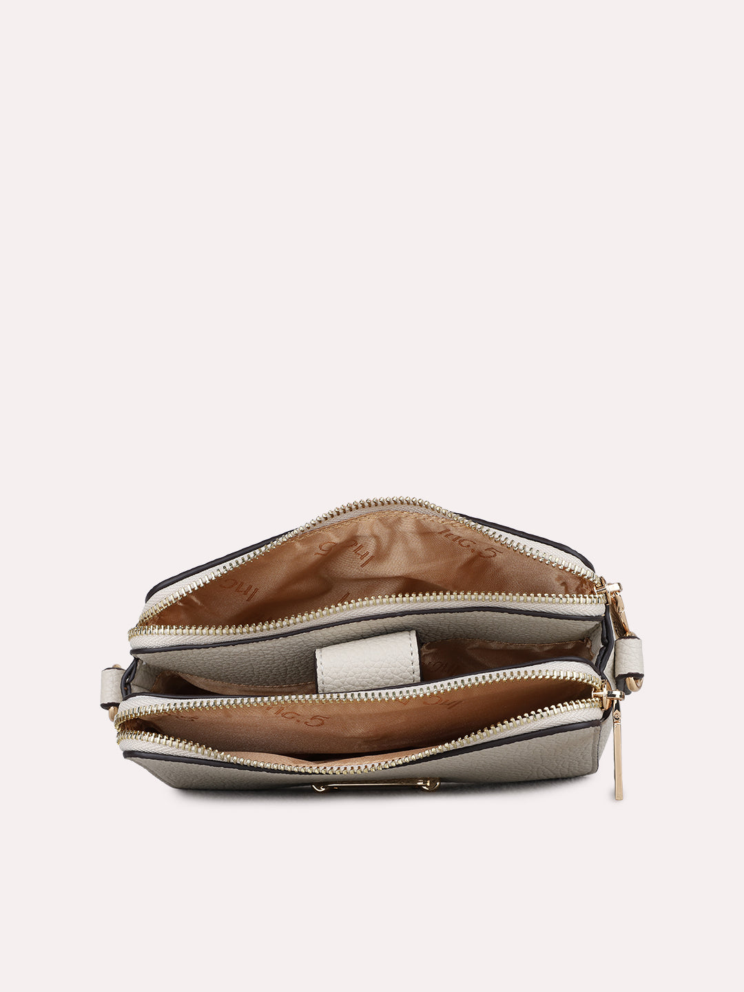 Womens Beige Sling Bag With Zipper Lock For Party Use