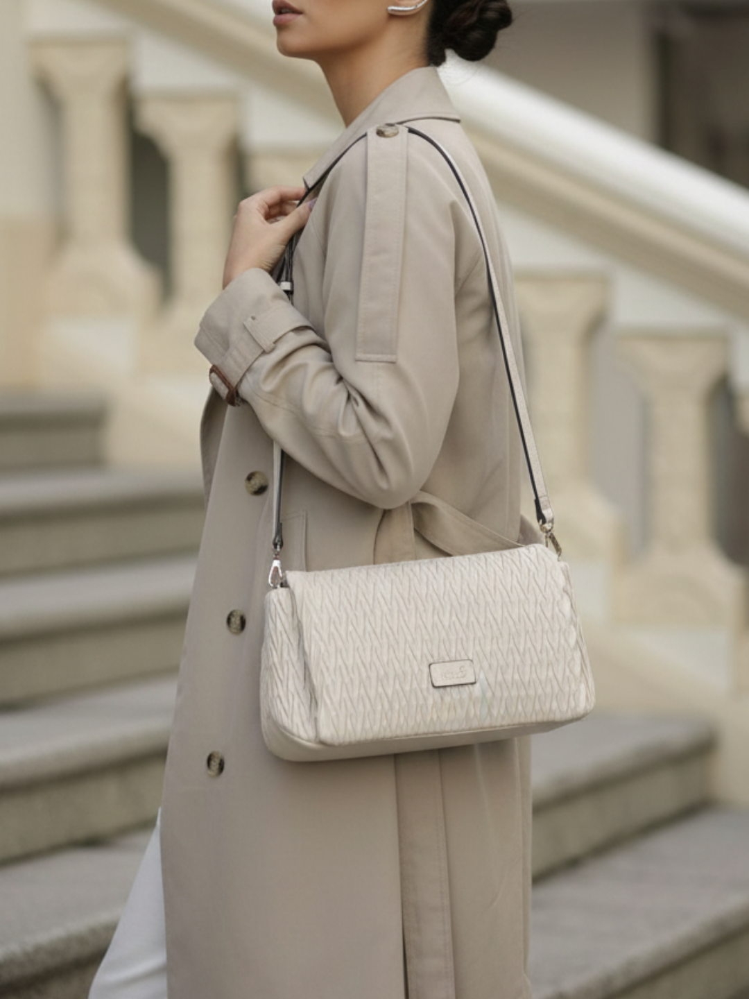 Womens Beige Shoulder Bag With Magnet Button Lock For Party