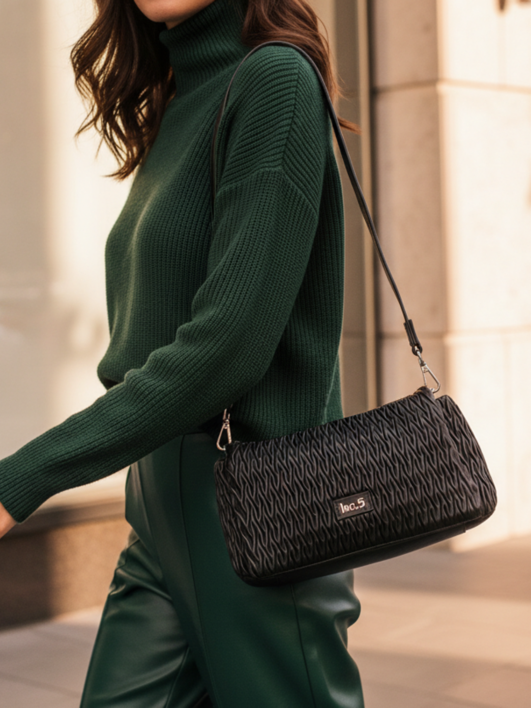 Womens Black Shoulder Bag With Magnet Button Lock For Party