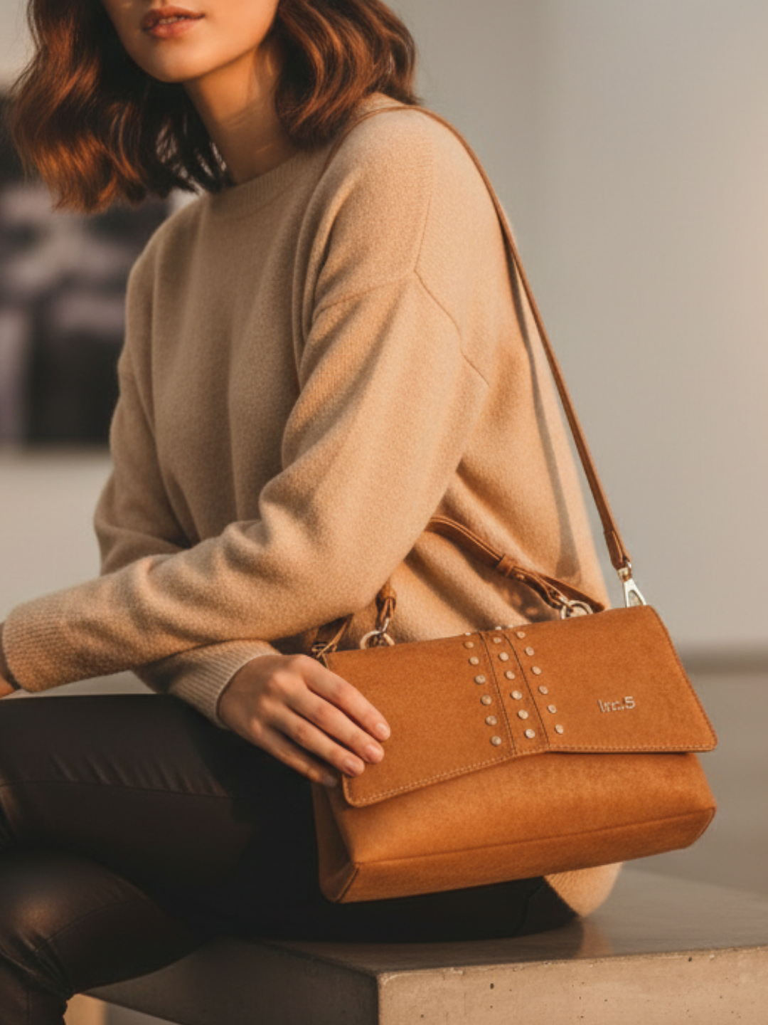 Womens Tan Handbag With Magnet Button Lock For Party