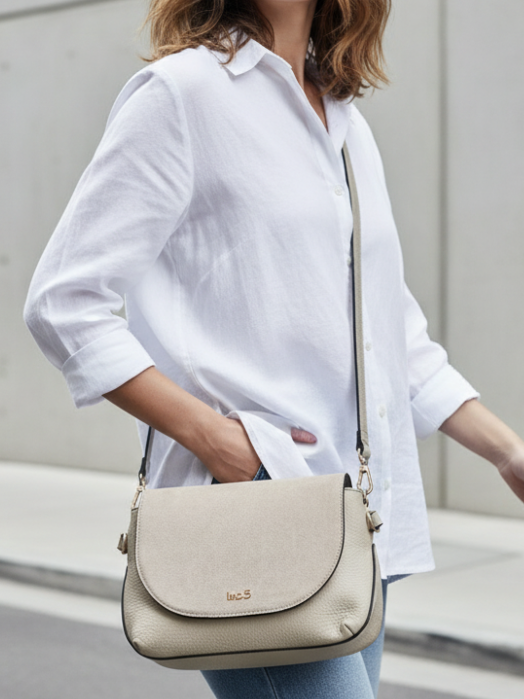 Womens Beige Sling Bag With Magnet Button Lock For Casual