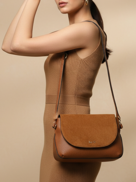 Womens Tan Sling Bag With Magnet Button Lock For Casual