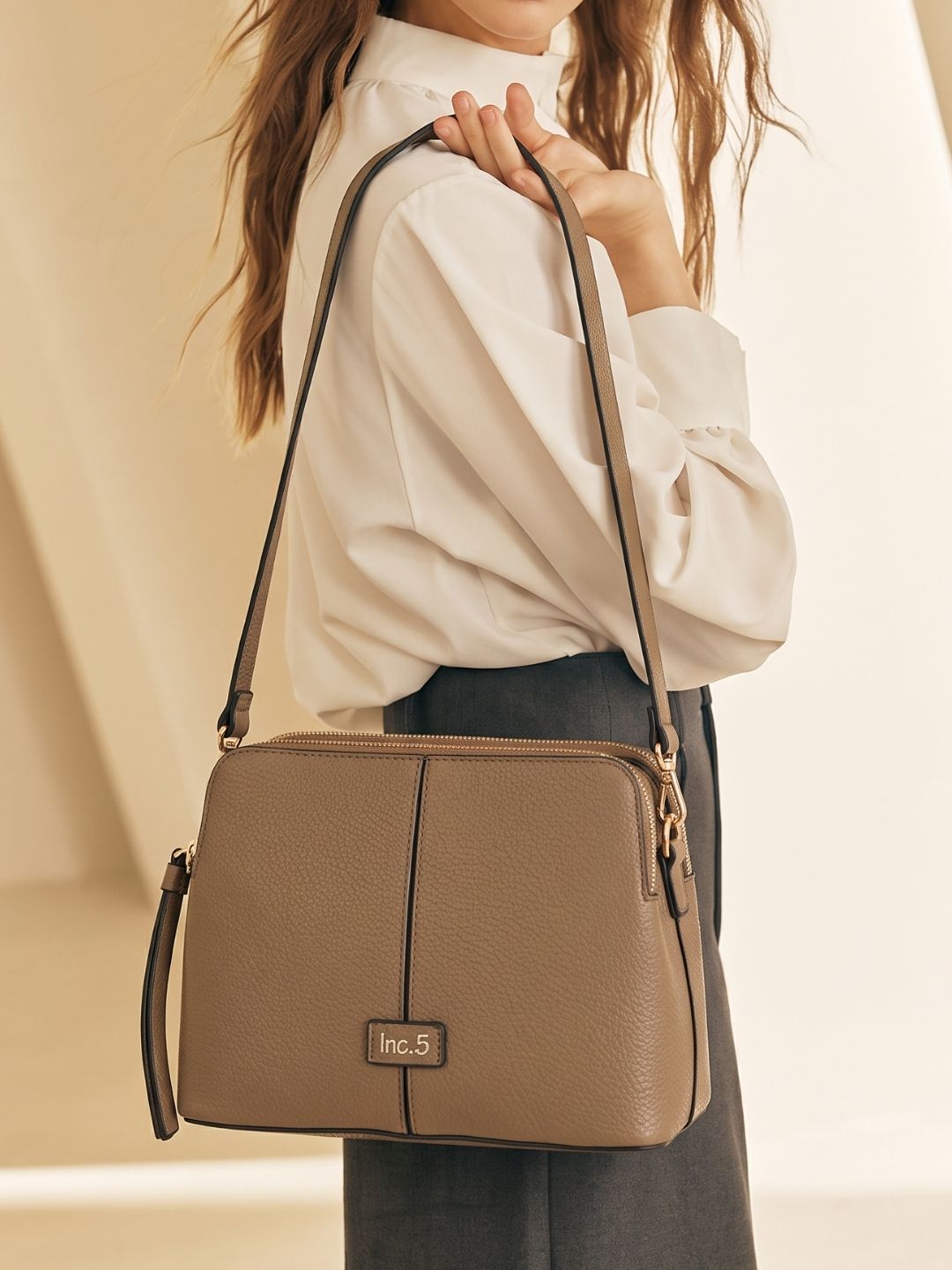 Women Brown Textured Sling Bag With Zip Lock For Casual