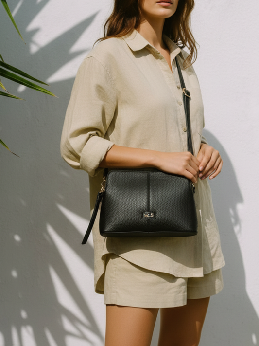 Womens Black Sling Bag With Zip Lock For Casual
