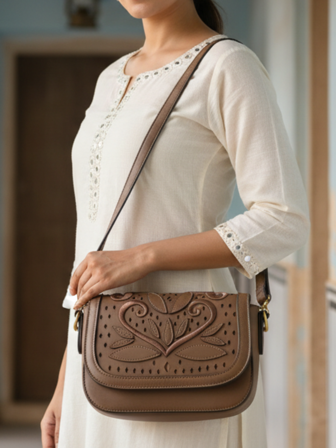 Womens Brown Sling Bag With Magnet Button Lock For Party