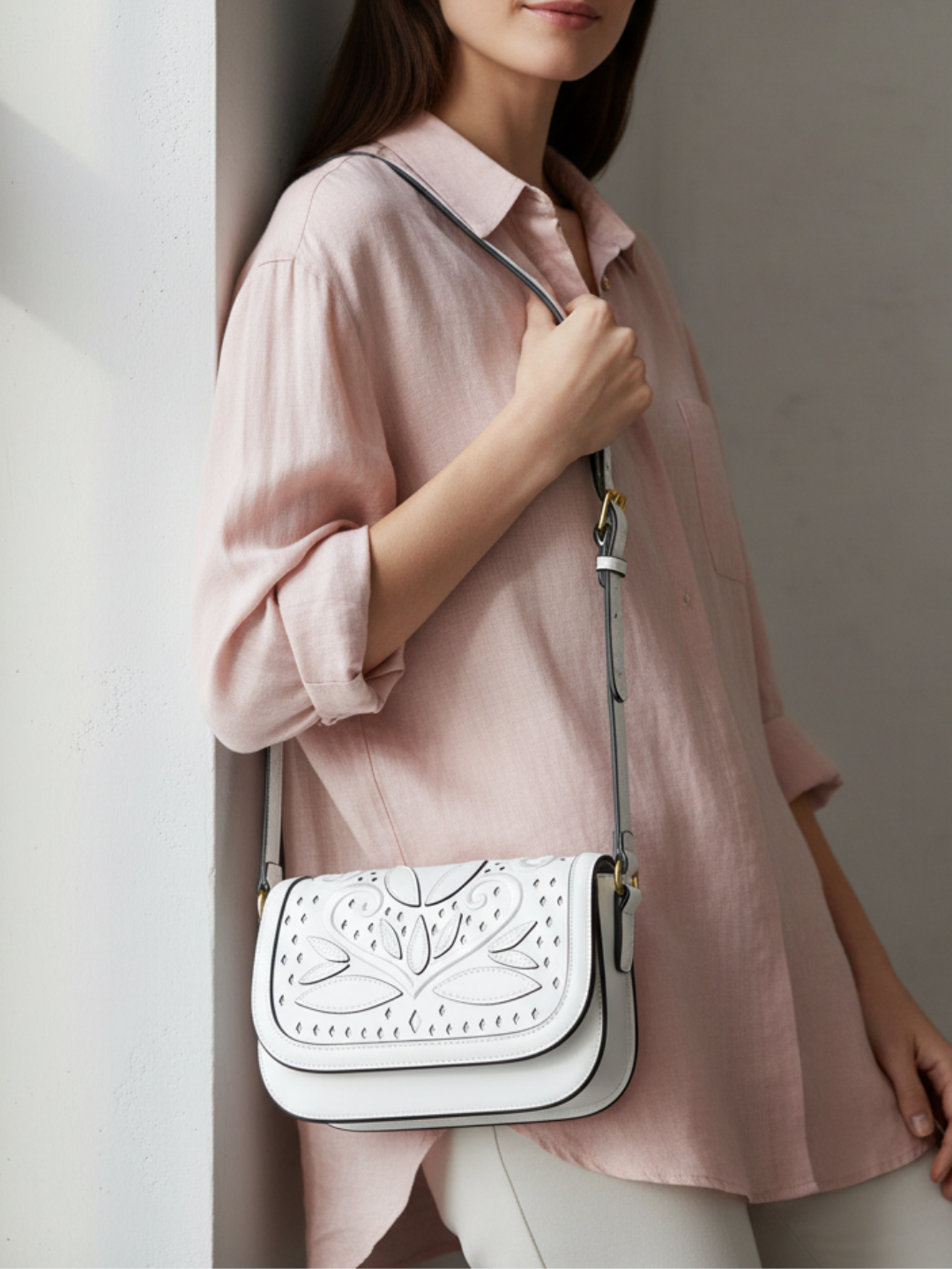 Womens White Sling Bag With Magnet Button Lock For Party