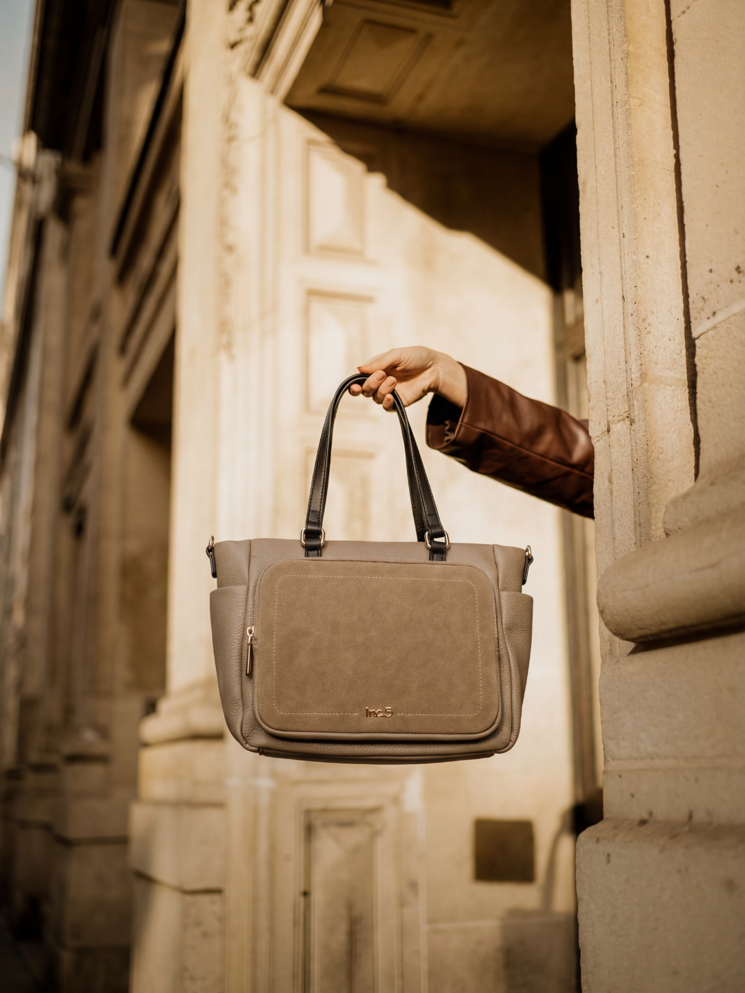 Womens Taupe Handbag With Zip Lock For Casual