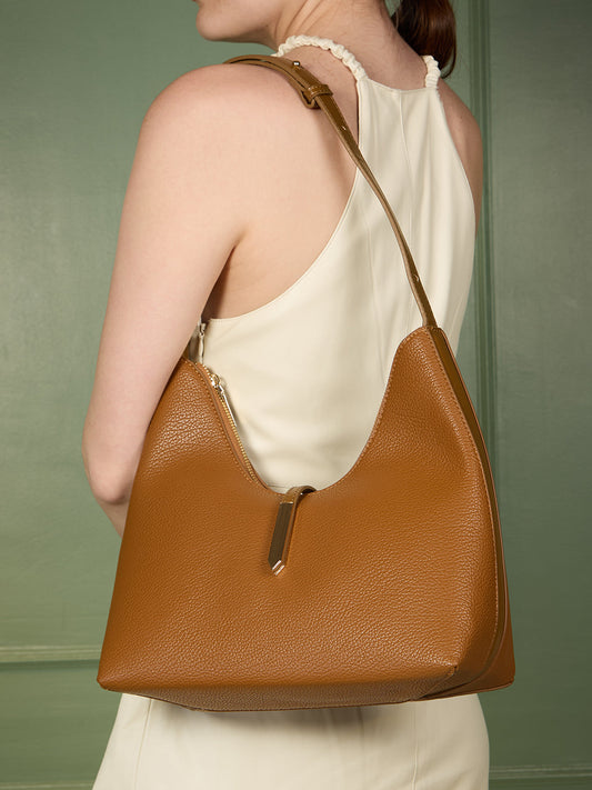 Womens Brown Casual Shoulder Bag With Zip Lock