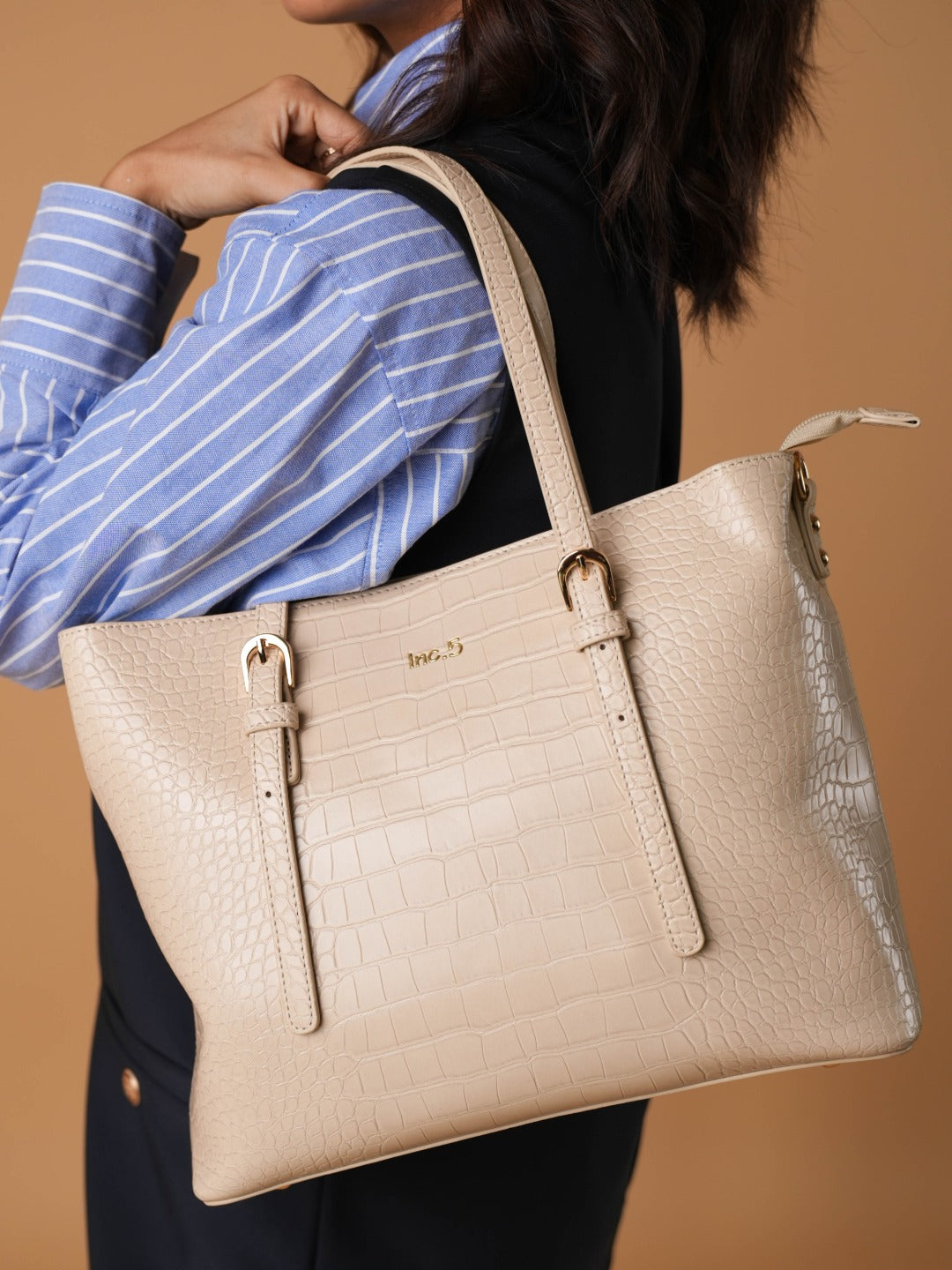 Womens Beige Casual Textured Shoulder Bag With Zip Lock
