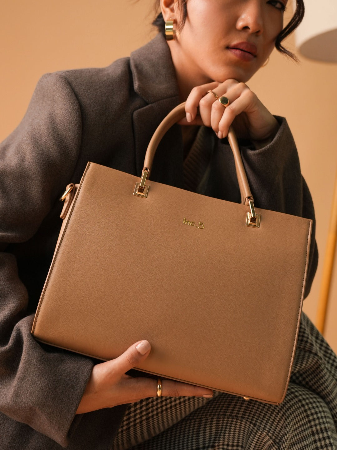 Womens Beige Casual Solid Handbag With Zip Lock