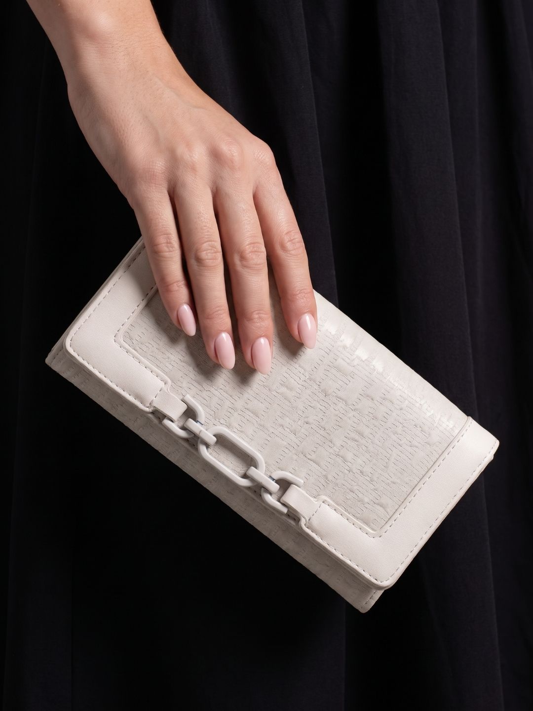 Women Beige Textured Wallet With Push Lock For Party