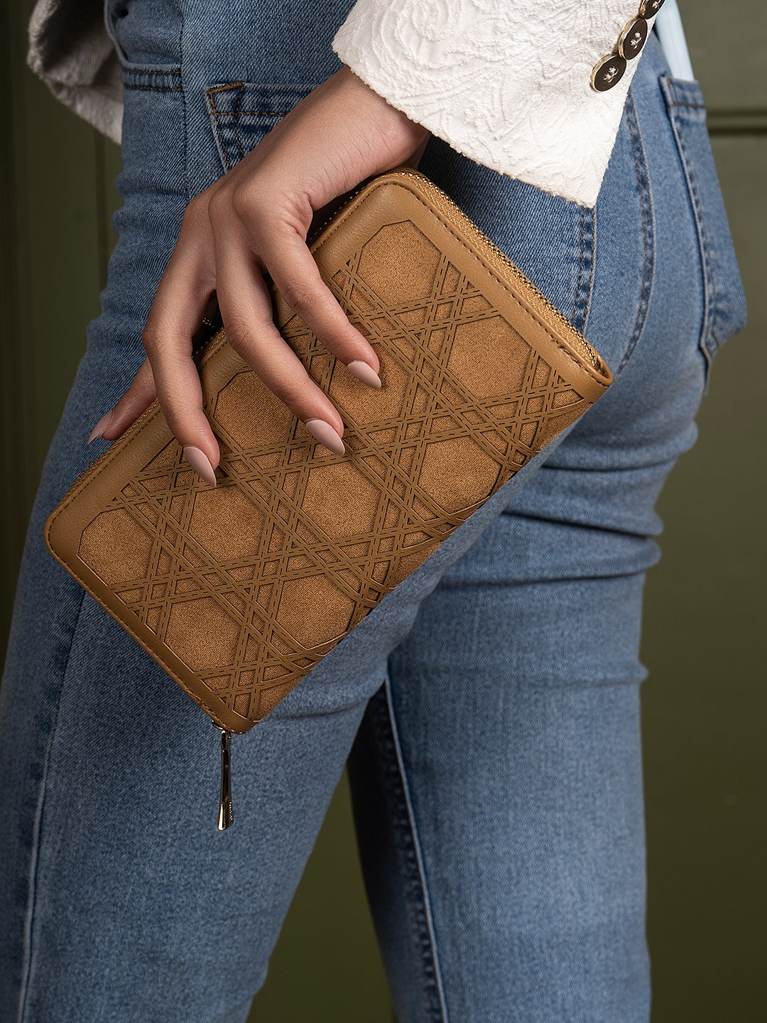 Womens Beige Party Textured Wallet With Zip Lock